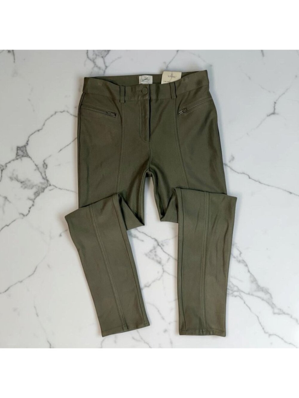 Chicos So Slimming Slim Leg Pants Size 0.5 = 6 Knit Twill Fatigue Green Seamed